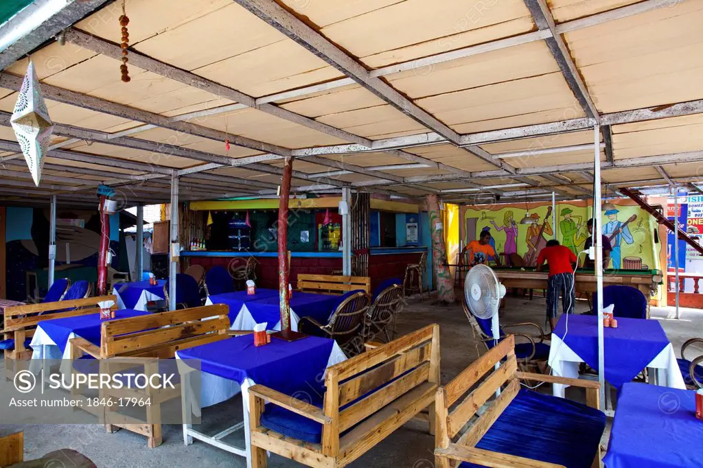 Tables and chairs in a restaurant, Blue Sea Horse, Arambol Beach, Arambol, North Goa, Goa, India