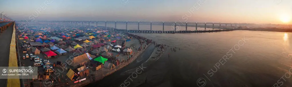 Aerial view of residential tents on the bank of Ganges River at Maha Kumbh, Allahabad, Uttar Pradesh, India