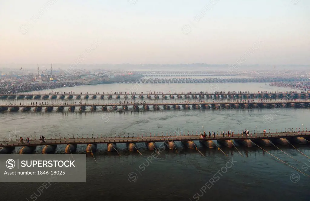 Aerial view of bridges across a River, Ganges River, Allahabad, Uttar Pradesh, India