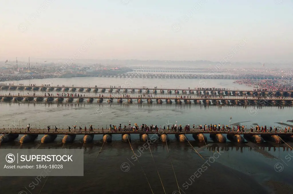 Aerial view of bridges across a River, Ganges River, Allahabad, Uttar Pradesh, India