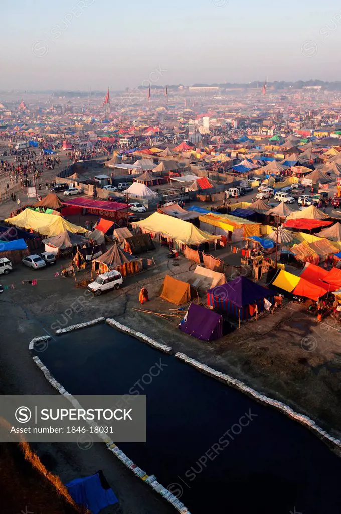Aerial view of residential tents at Maha Kumbh, Allahabad, Uttar Pradesh, India