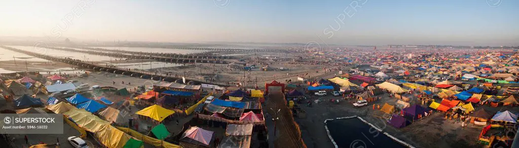 Aerial view of residential tents at Maha Kumbh on the bank of Ganges River, Allahabad, Uttar Pradesh, India
