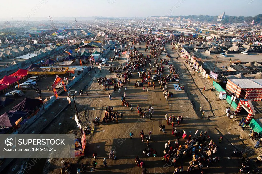 Aerial view of crowd and residential tents at Maha Kumbh, Allahabad, Uttar Pradesh, India