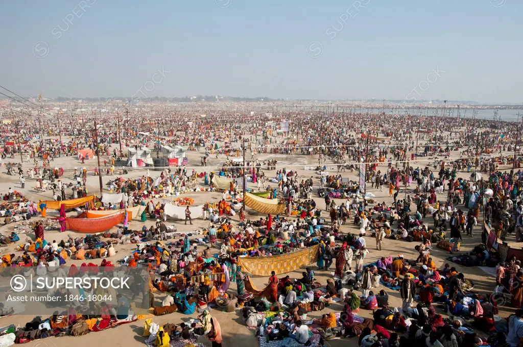 High angle view of a crowd at a holy bath at Maha Kumbh, Allahabad, Uttar Pradesh, India