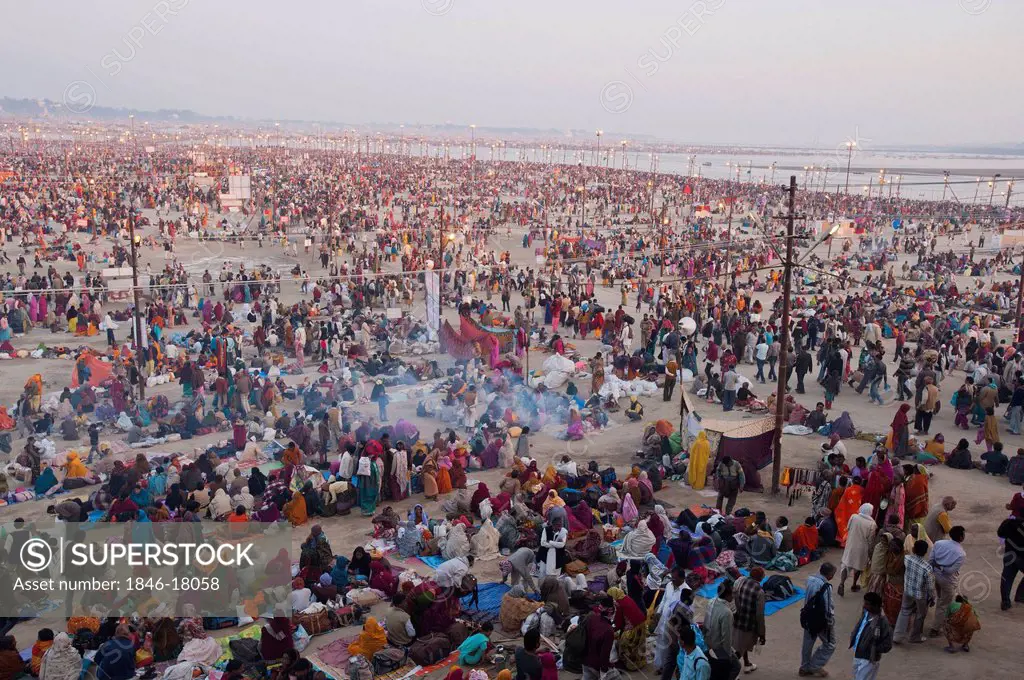 High angle view of crowd at a holy bath at Maha Kumbh, Allahabad, Uttar Pradesh, India