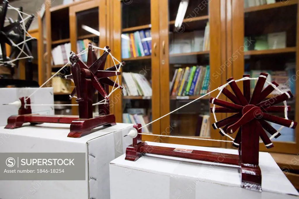 Spinning wheels in a library, Sabarmati Ashram, Ahmedabad, Gujarat, India