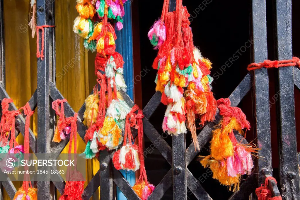 Ritual threads (Mannat ka dhaga) tied at a temple, Nagdev Temple, Shimla, Himachal Pradesh, India