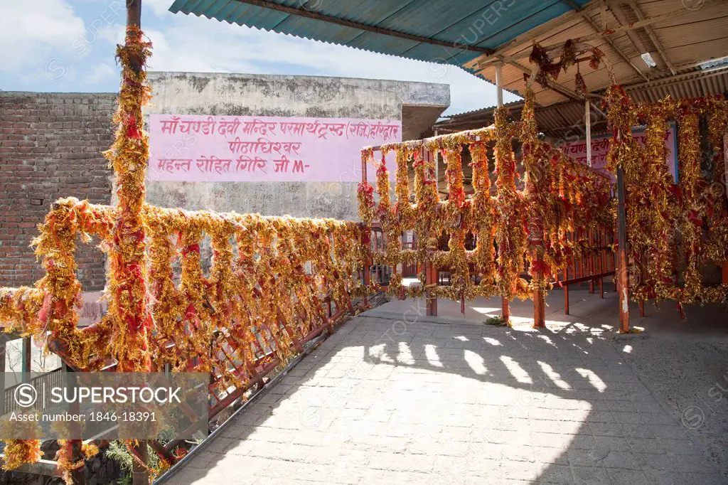 Hindu ritual chunnies tied around the temple, Chandi Temple, Haridwar, Uttarakhand, India