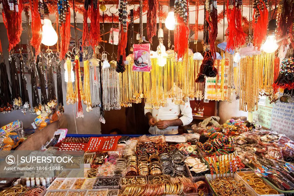 Merchandise for sale at a souvenir shop, Chandi Devi Temple, Haridwar, Uttarakhand, India