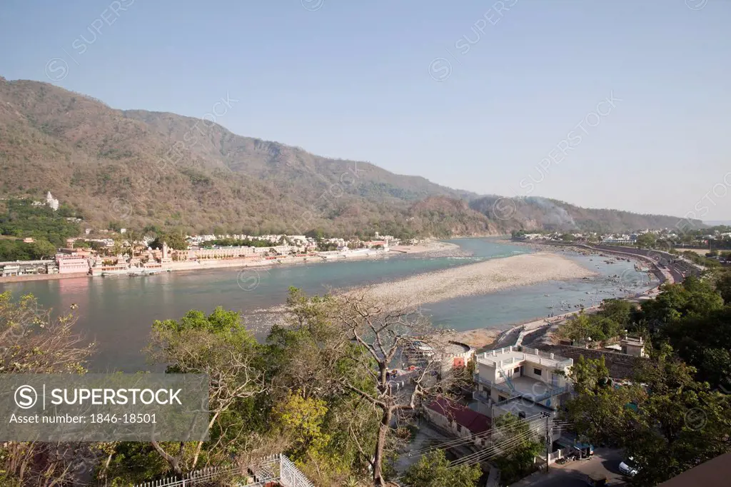 High angle view of the Ganges River in Rishikesh, Uttarakhand, India