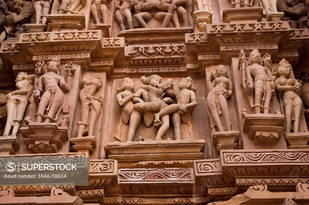 Details of erotic carvings at a temple, Lakshmana Temple, Khajuraho, Chhatarpur District, Madhya Pradesh, India