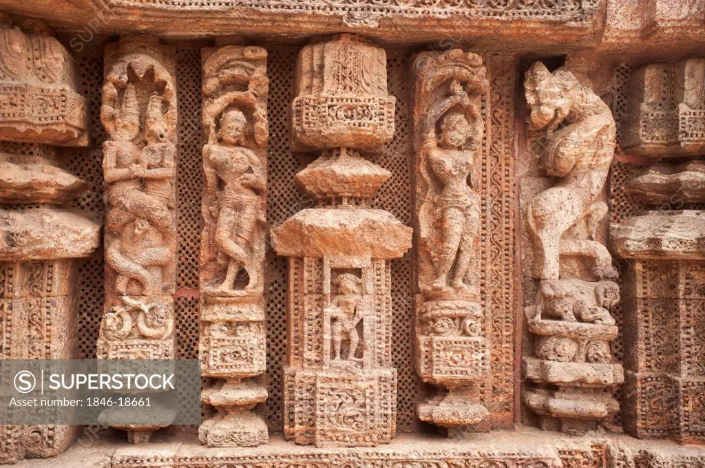 Carving details of a wheel at a temple, Konark Sun Temple, Puri, Orissa, India