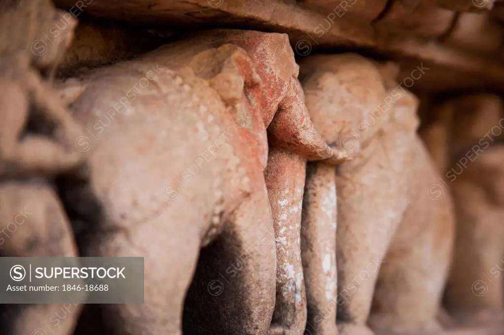 Close-up of elephant statues at a temple, Khajuraho, Chhatarpur District, Madhya Pradesh, India