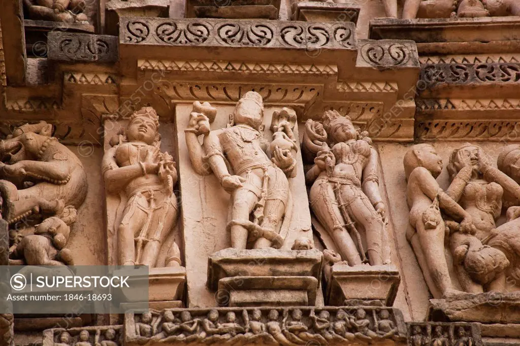 Details of statues at a temple, Khajuraho, Chhatarpur District, Madhya Pradesh, India