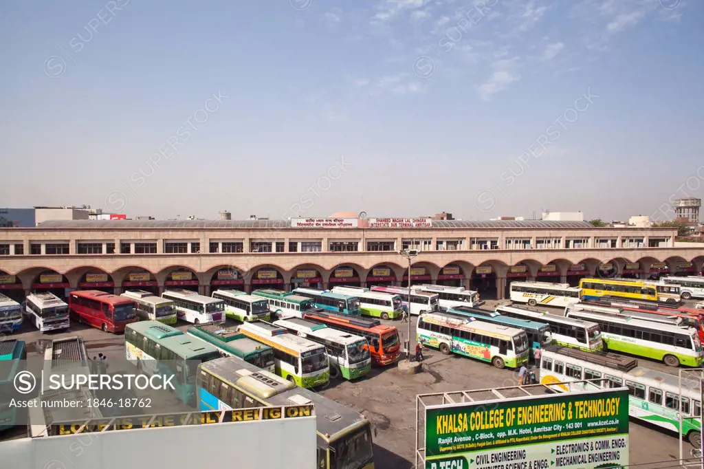 High angle view of buses at a bus depot, Amritsar, Punjab, India