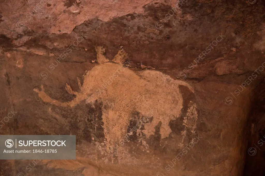 Close-up of a cave paintings of elephant, Bhimbetka Rock Shelters, Raisen District, Madhya Pradesh, India
