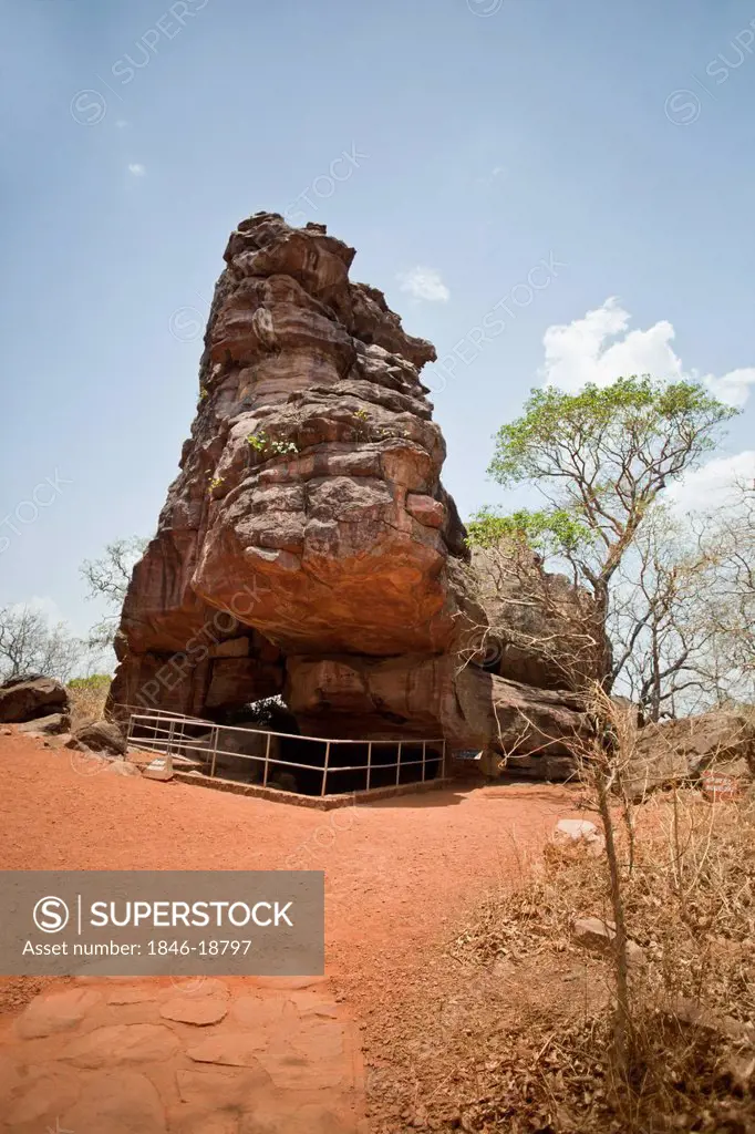 Low angle view of a rock shelter, Bhimbetka Rock Shelters, Raisen District, Madhya Pradesh, India