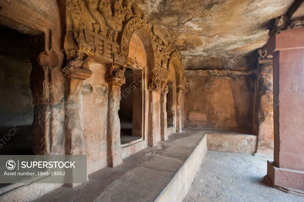 Ruins of verandah at an archaeological site, Udayagiri and Khandagiri Caves, Bhubaneswar, Orissa, India