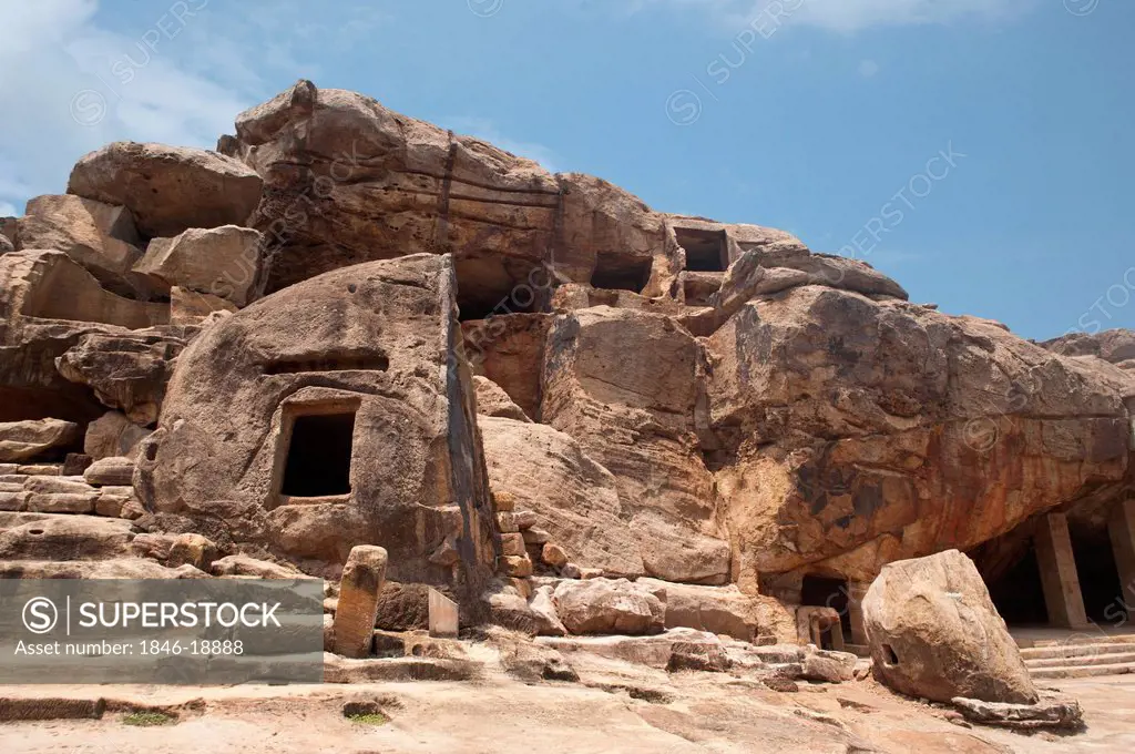 Ruins of ancient caves at an archaeological site, Udayagiri and Khandagiri Caves, Bhubaneswar, Orissa, India