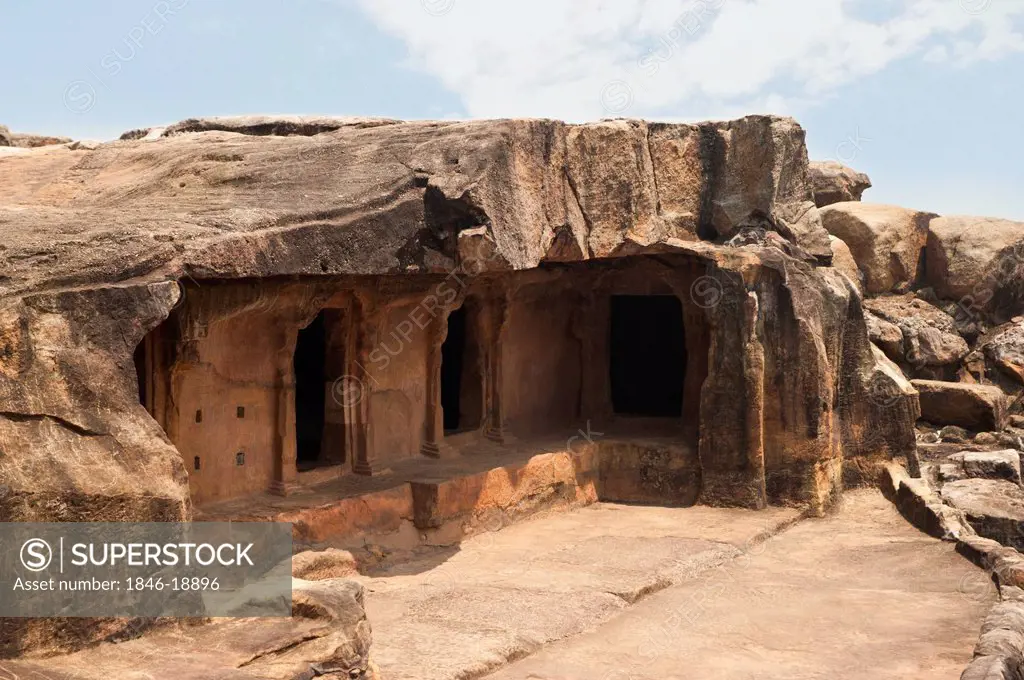 Facade of an ancient building, Udayagiri and Khandagiri Caves, Bhubaneswar, Orissa, India