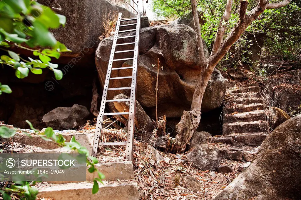 Ladder on a rock at Anadara Point, Mount Abu, Sirohi District, Rajasthan, India