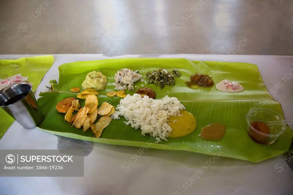 Indian food on a banana leaf, Kanchipuram, Tamil Nadu, India
