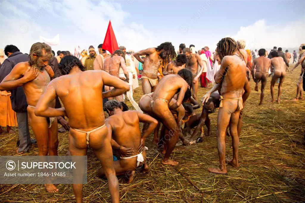 Naga Sadhus during the first royal bath procession in Kumbh Mela festival, Allahabad, Uttar Pradesh, India
