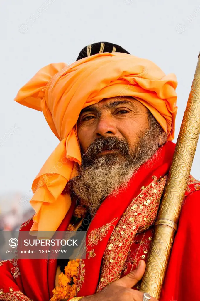 Portrait of a Sadhu during the first royal bath procession in Kumbh Mela festival, Allahabad, Uttar Pradesh, India