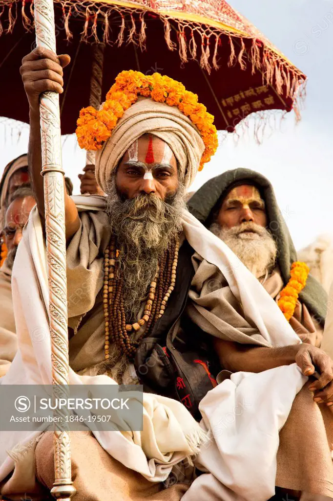 Sadhus during the first royal bath procession in Kumbh Mela festival, Allahabad, Uttar Pradesh, India