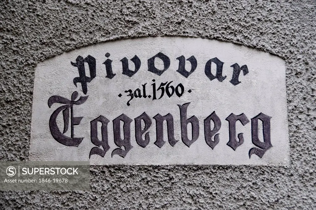 Close-up of a sign of a brewery, Eggenberg, Cesky Krumlov, South Bohemian Region, Czech Republic