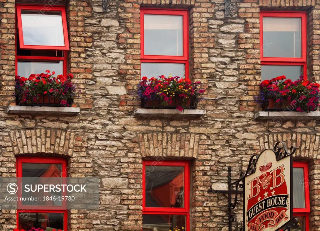 Windows of a bed and breakfast, Kenmare, County Kerry, Republic of Ireland