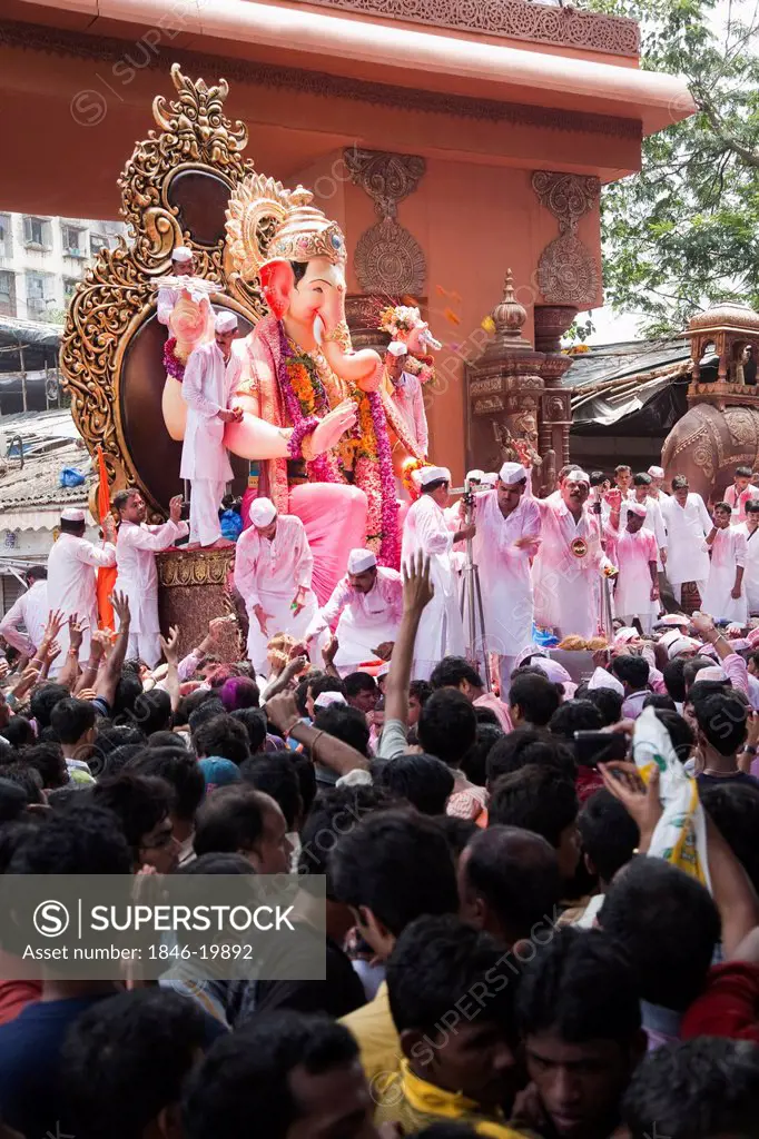 Crowd at religious procession during Ganpati visarjan ceremony, Mumbai, Maharashtra, India