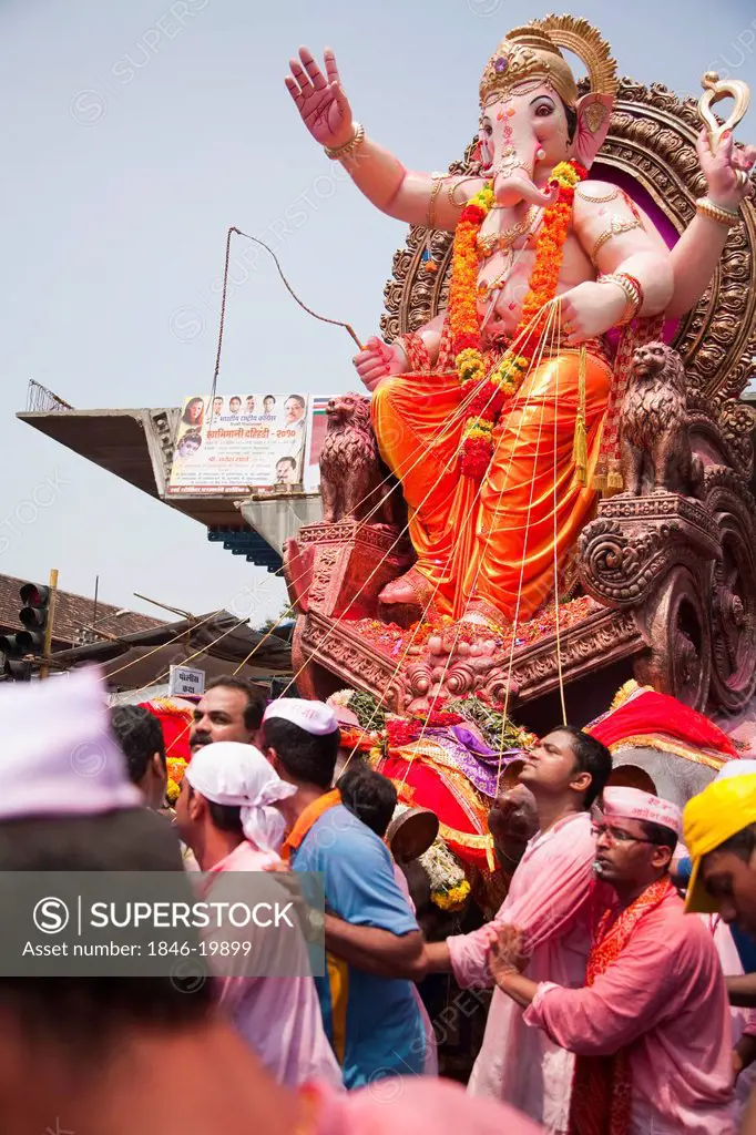 People at religious procession during Ganpati visarjan ceremony, Mumbai, Maharashtra, India