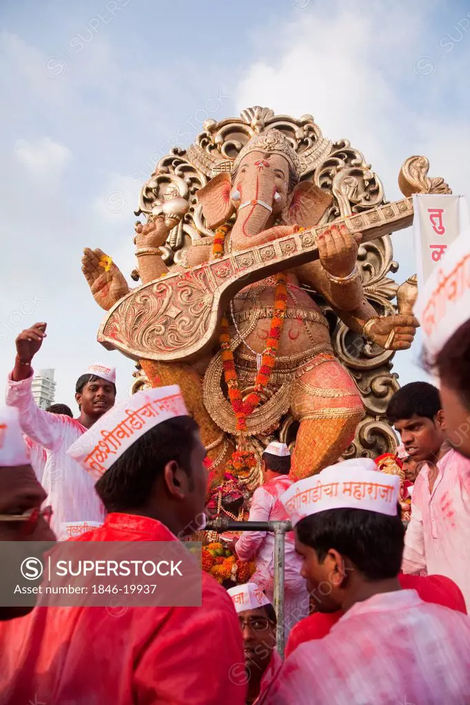 Idol of Lord Ganesha representing Goddess Saraswati at immersion ceremony, Mumbai, Maharashtra, India