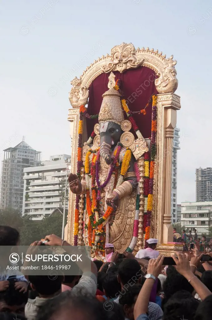 Idol of Lord Ganesha representing Lord Balaji of Tirupati at immersion ceremony, Mumbai, Maharashtra, India