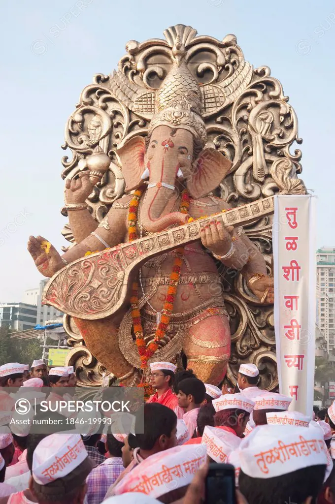 Idol of Lord Ganesha representing Goddess Saraswati at immersion ceremony, Mumbai, Maharashtra, India
