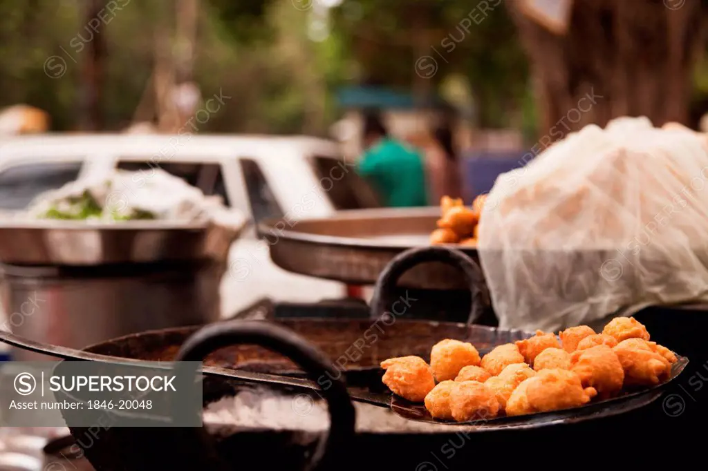 Indian snacks at a food stall, Chandni Chowk, Old Delhi, India