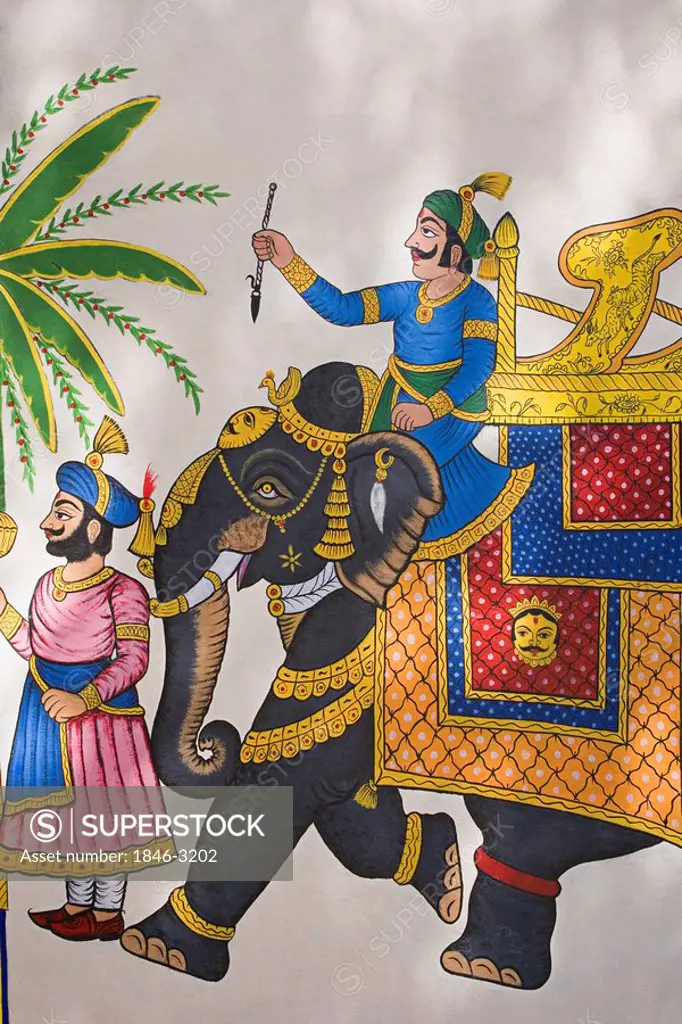 Paintings on the wall of a palace, City Palace, Udaipur, Rajasthan, India