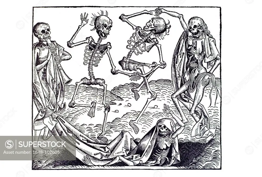 Woodcut, skeletons, the dead rising from their graves and dancing a wild celebration, Dance of Death, Danse Macabre, Hartmann Schedel's World Chronicl...