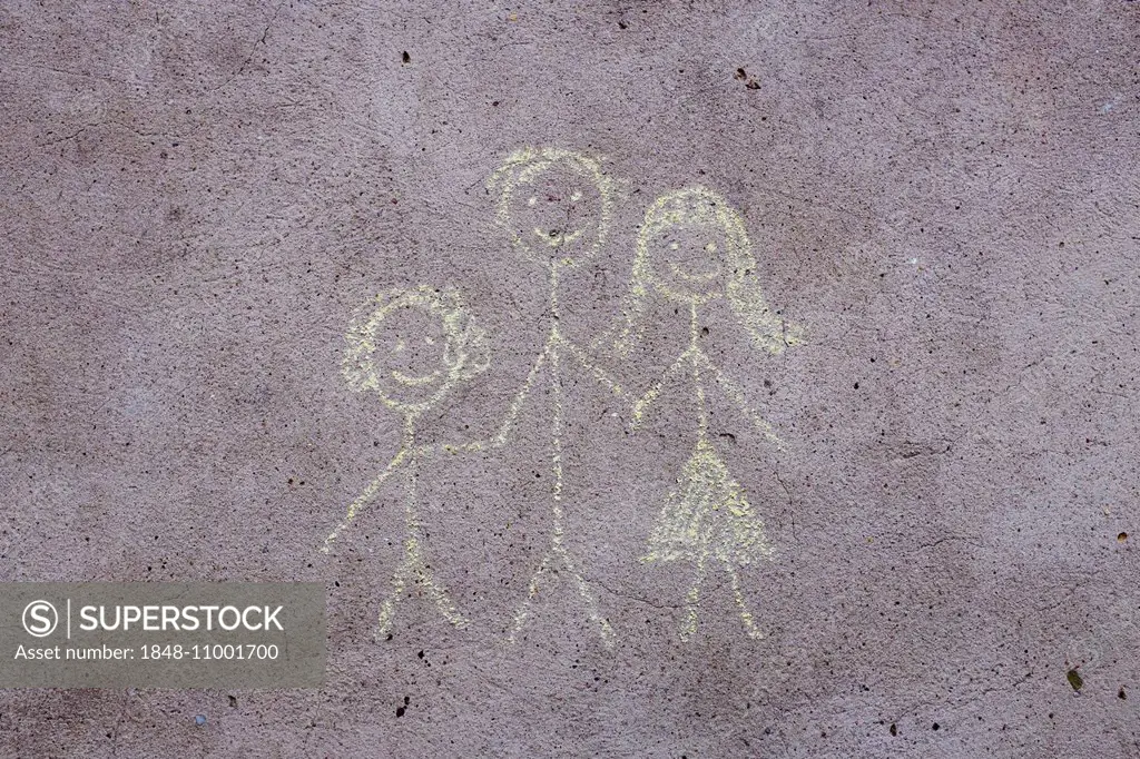 Child's drawing, chalk on concrete, mother, father, child