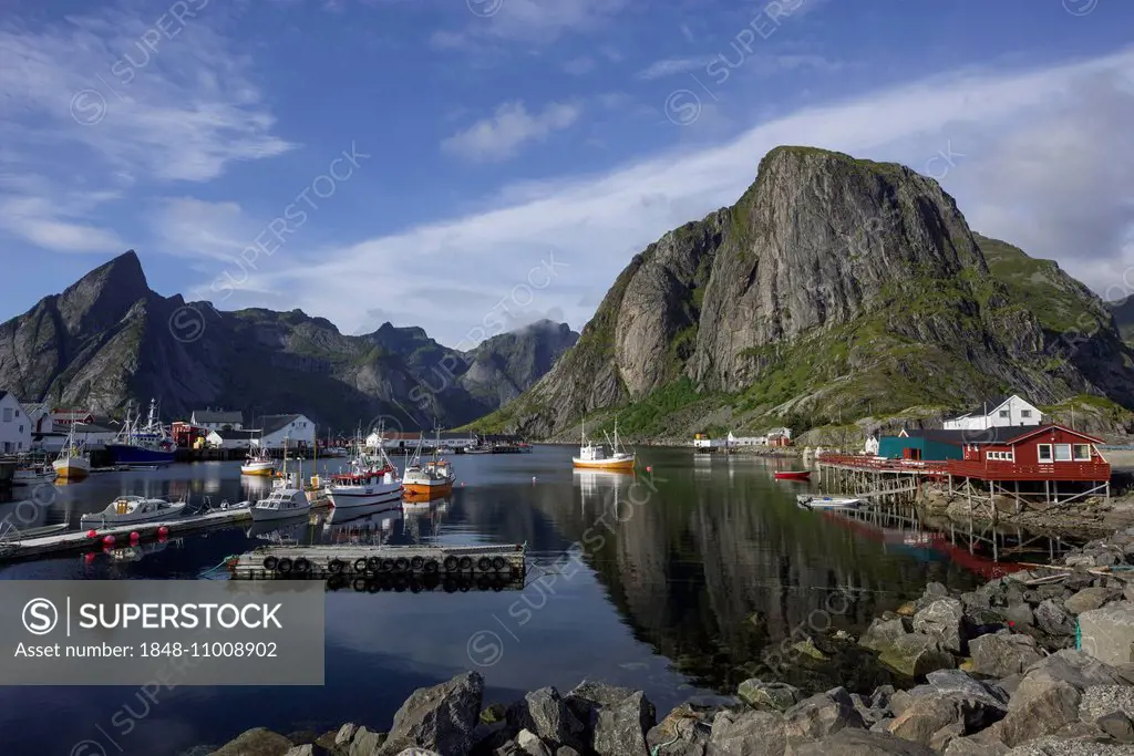 Sheltered harbour and high mountains, Lofoten, Hamnøya, Nordland, Norway