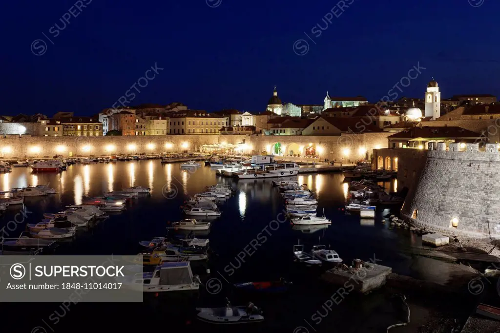 Old Harbour and the historic centre at night, Dubrovnik, Dalmatia, Croatia