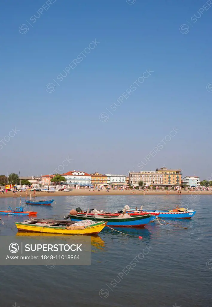 Fishing boats, beach, hotels, Caorle, Province of Venice, Italy