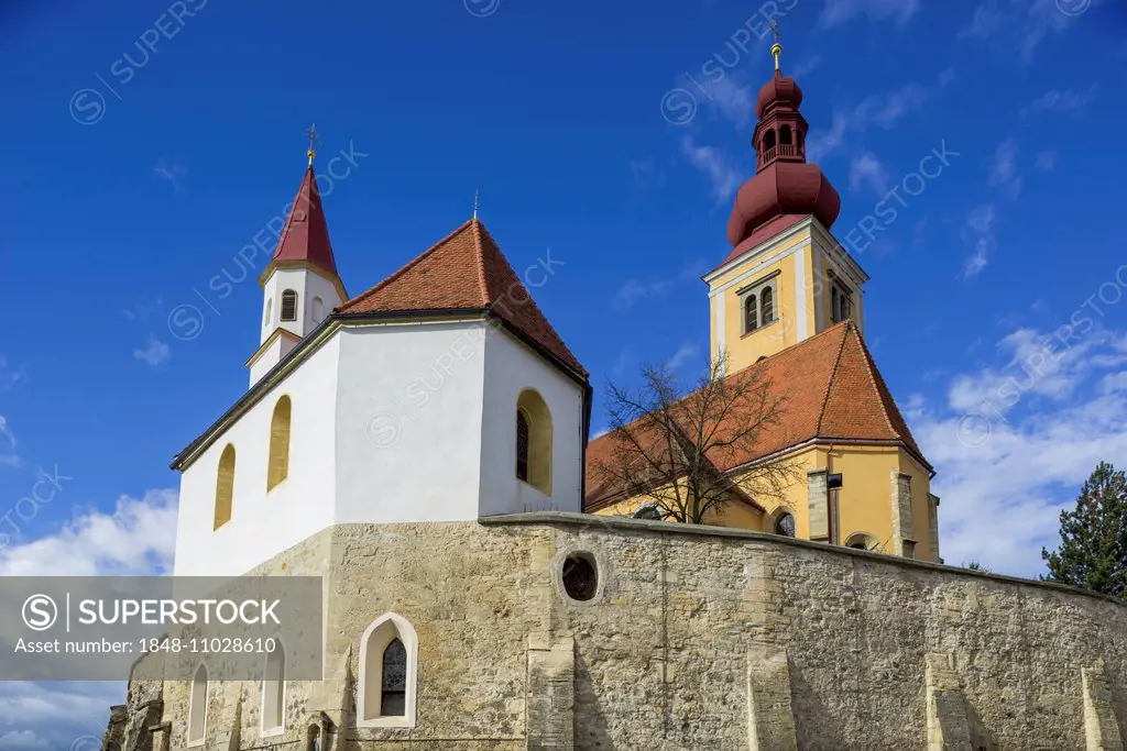 Kirchenberg with the fortified walls of the Catholic Parish Church of the Assumption and the Catholic subsidiary church of St. Sebastian, Straden, Sty...