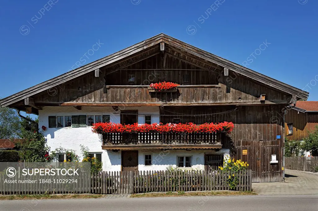 Old farm, balcony with geraniums, Aying, Upper Bavaria, Bavaria, Germany