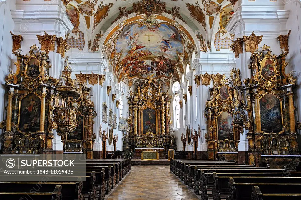 Heilig-Kreuzkirche, Church of the Holy Cross, built in 1754, ceiling frescoes by Thomas Scheffler, Landsberg am Lech, Upper Bavaria, Bavaria, Germany