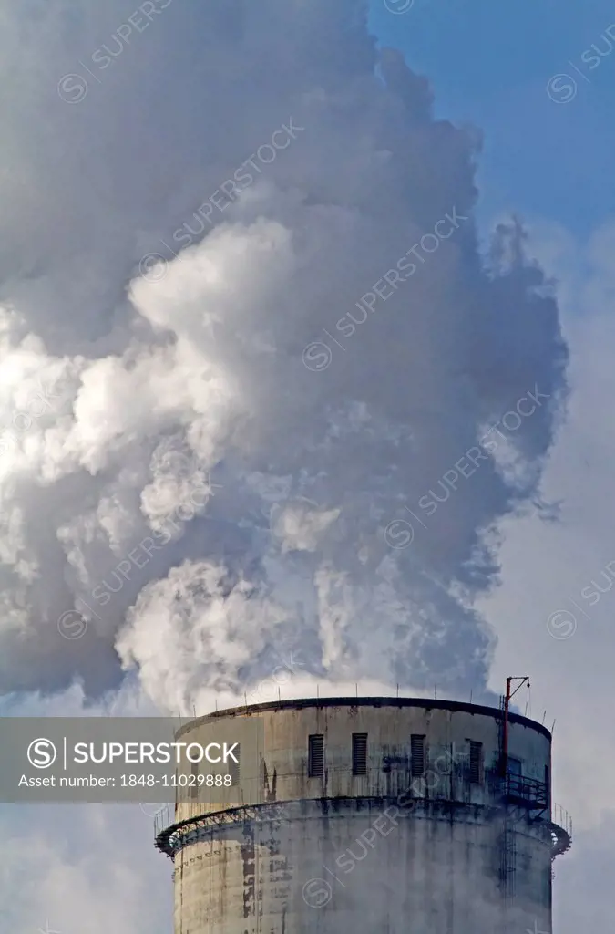 Smoking chimneys of the Frimmersdorf Power Station, Grevenbroich, North Rhine-Westphalia, Germany