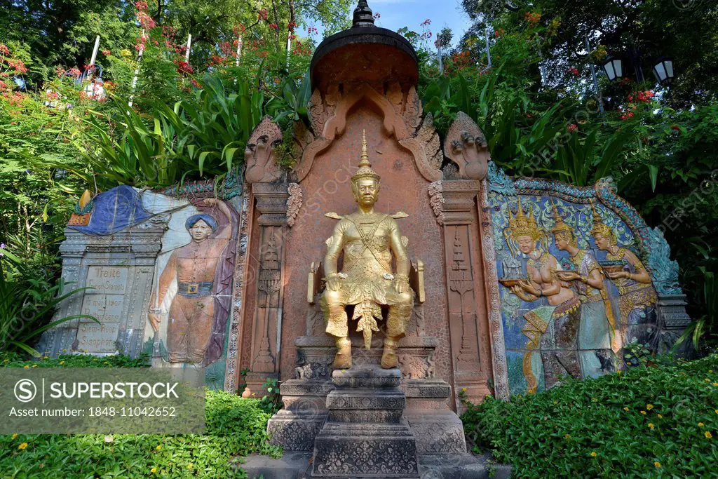 Bas-relief and statue of King Sisowath on the hill of Wat Phnom, Phnom Penh, Cambodia