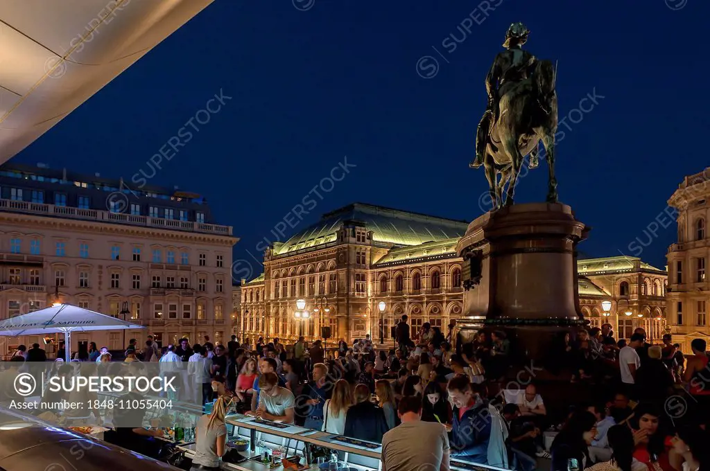 Party on the terrace of the Albertina in the evening, equestrian statue of Archduke Albrecht on the right, Vienna, Vienna State, Austria