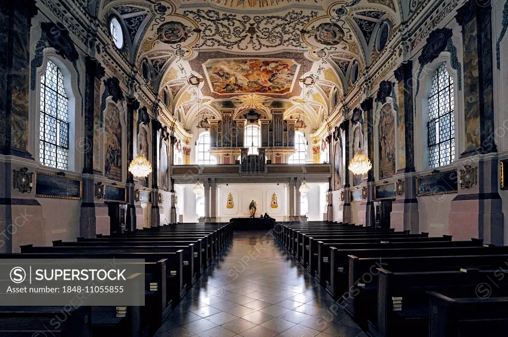 Organ and ceiling, Upper Church by Giovanni Antonio Viscardi, Bürgersaal, Munich, Upper Bavaria, Bavaria, Germany